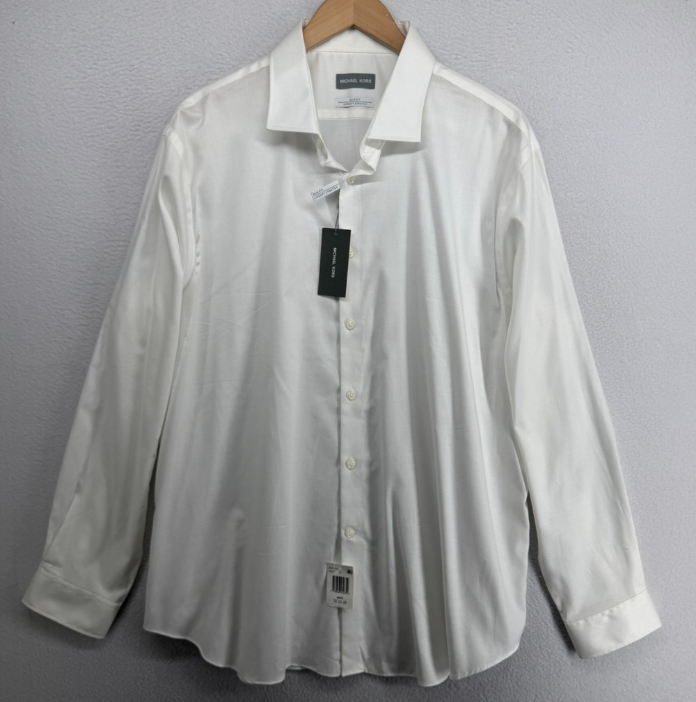 MICHAEL KORS Shirt Mens 18 34 35 Dress Slim Airsoft Stretch Non Iron White NEW